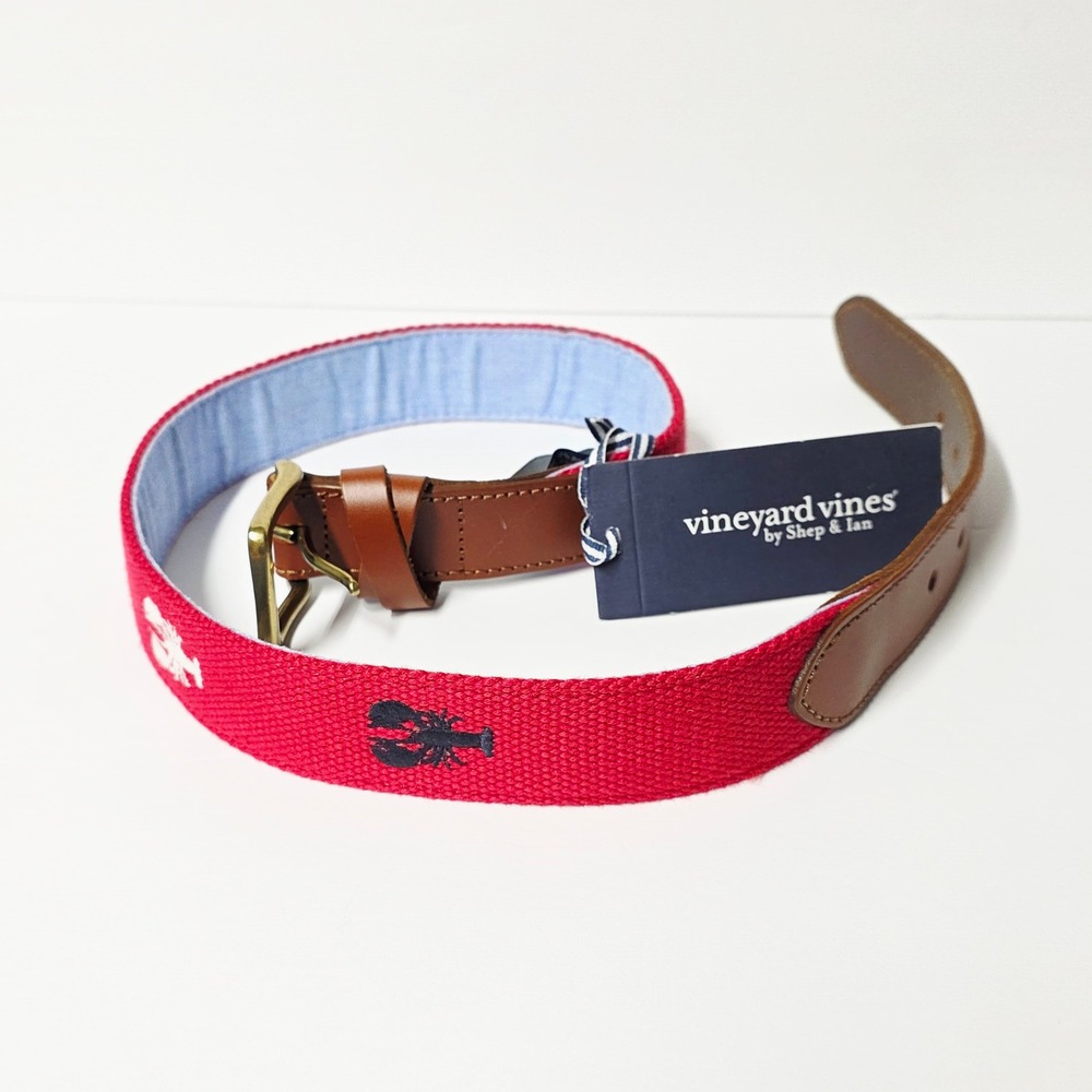 Vineyard‎ Vines Lobster Embroidered Red Canvas Leather Belt Size 30 NEW
